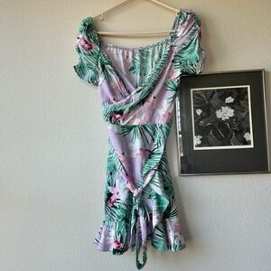 Revamped wrap dress tropical floral ruffles puff sleeve mini beach vacation S​​